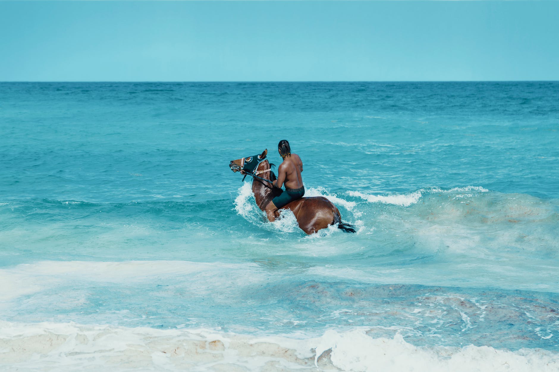 photo of man riding on brown horse on ocean water